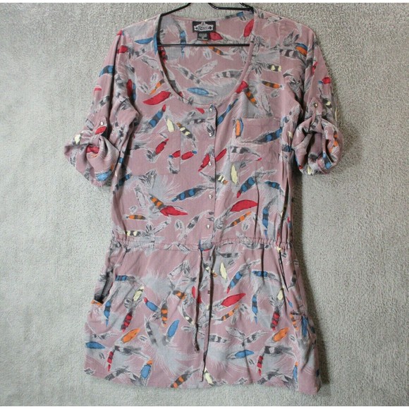 Angie Top Womens Small Drawstring Waist Colorful Feather Tunic Pocket Shirt S - Picture 1 of 12
